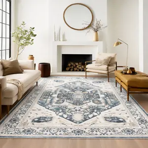 【New Year Haul】Raybee Furniture Bohemian Style Machine Washable Rug, Non-Slip TPE Backing, Soft Low-Pile Rug, Suitable for Living Room, Bedroom, and Kitchen, Easy to Care for and Stain Resistant, Home Decor