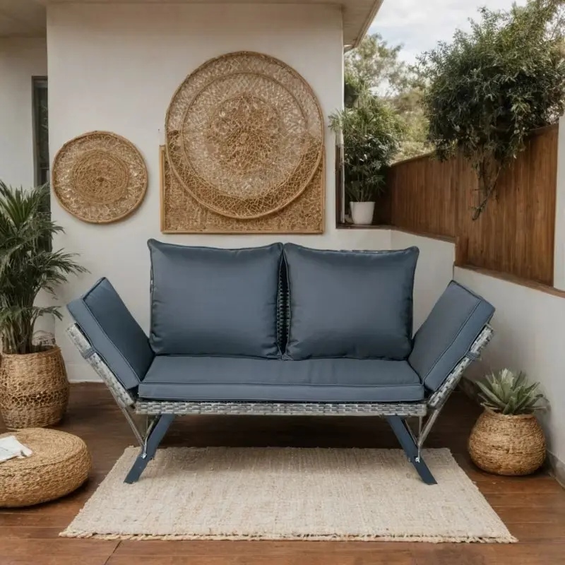 55” Outdoor Wicker Convertible Daybed Bench with Adjustable Armrests