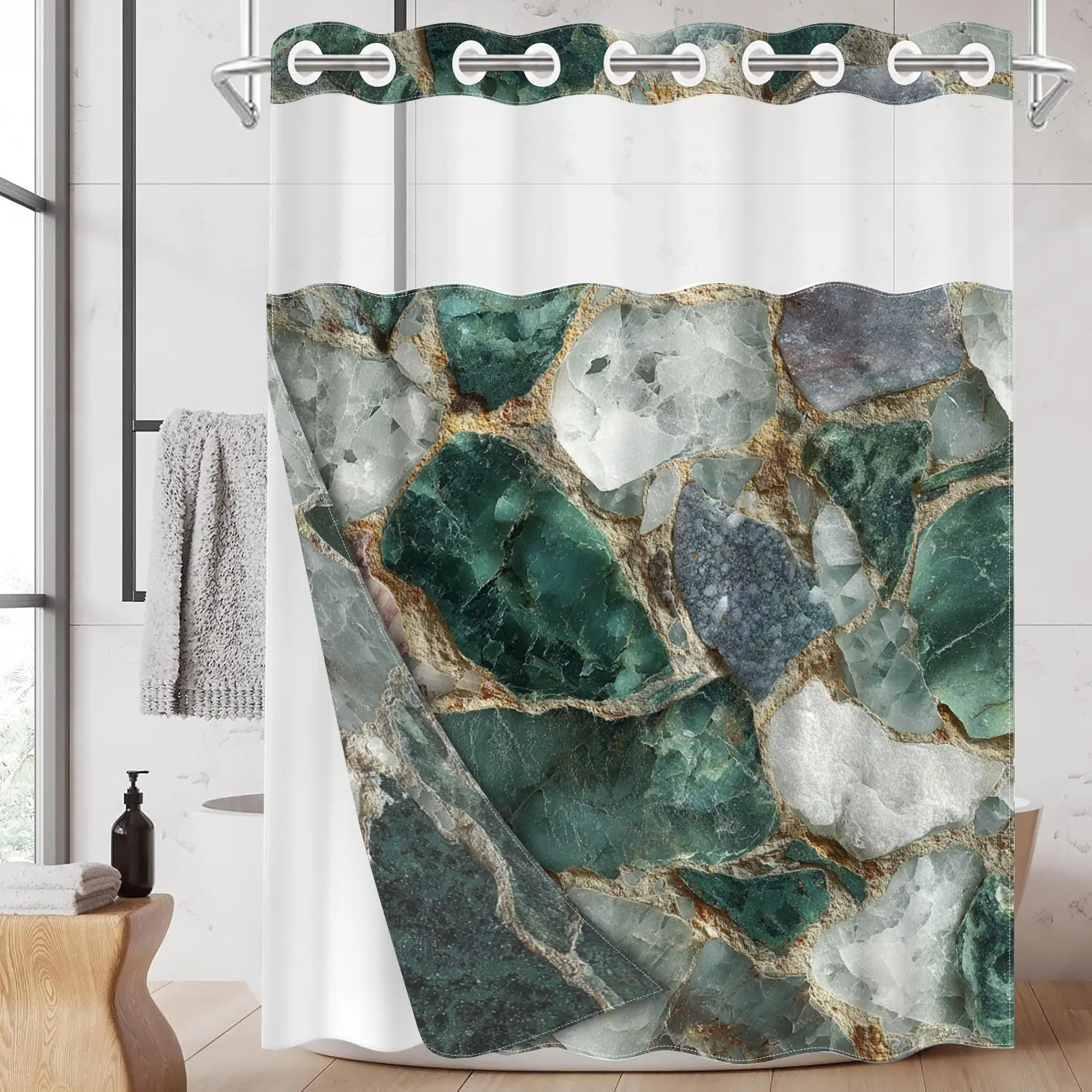 1pc hookless shower curtain with snap fastener, jadeite stone texture 2D Flat Printing, fabric waterproof inner lining, shower curtain with transparent window and double-layer curtain, 71 x 74 inches, modern home curtain decoration, Shower Curtain Liner