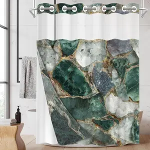 1pc hookless shower curtain with snap fastener, jadeite stone texture 2D Flat Printing, fabric waterproof inner lining, shower curtain with transparent window and double-layer curtain, 71 x 74 inches, modern home curtain decoration, Shower Curtain Liner