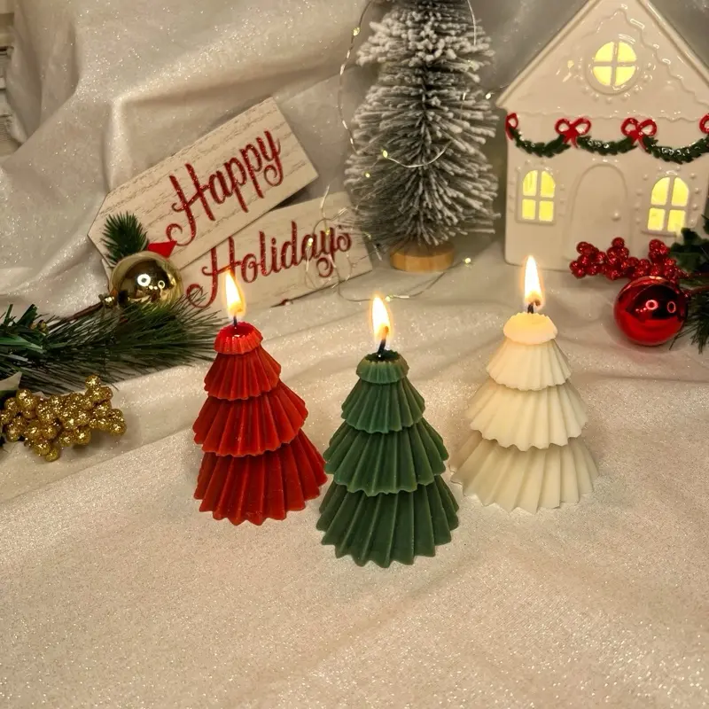 Christmas Tree Candles Set of 3, Cozy Holiday Decor, Hand-Painted Winter Gift
