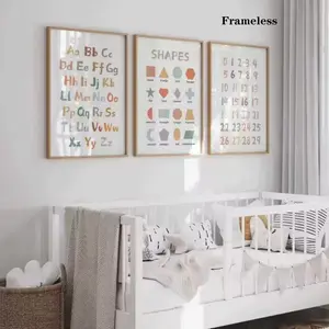 A Set of 3 Contemporary Frameless Canvas Posters Featuring Vibrant Letters, Numbers, and Shapes. These Colorful Canvas Prints Are Fashionable Decorations Suitable for Living Rooms, Bedrooms, Home Offices, and Dormitories