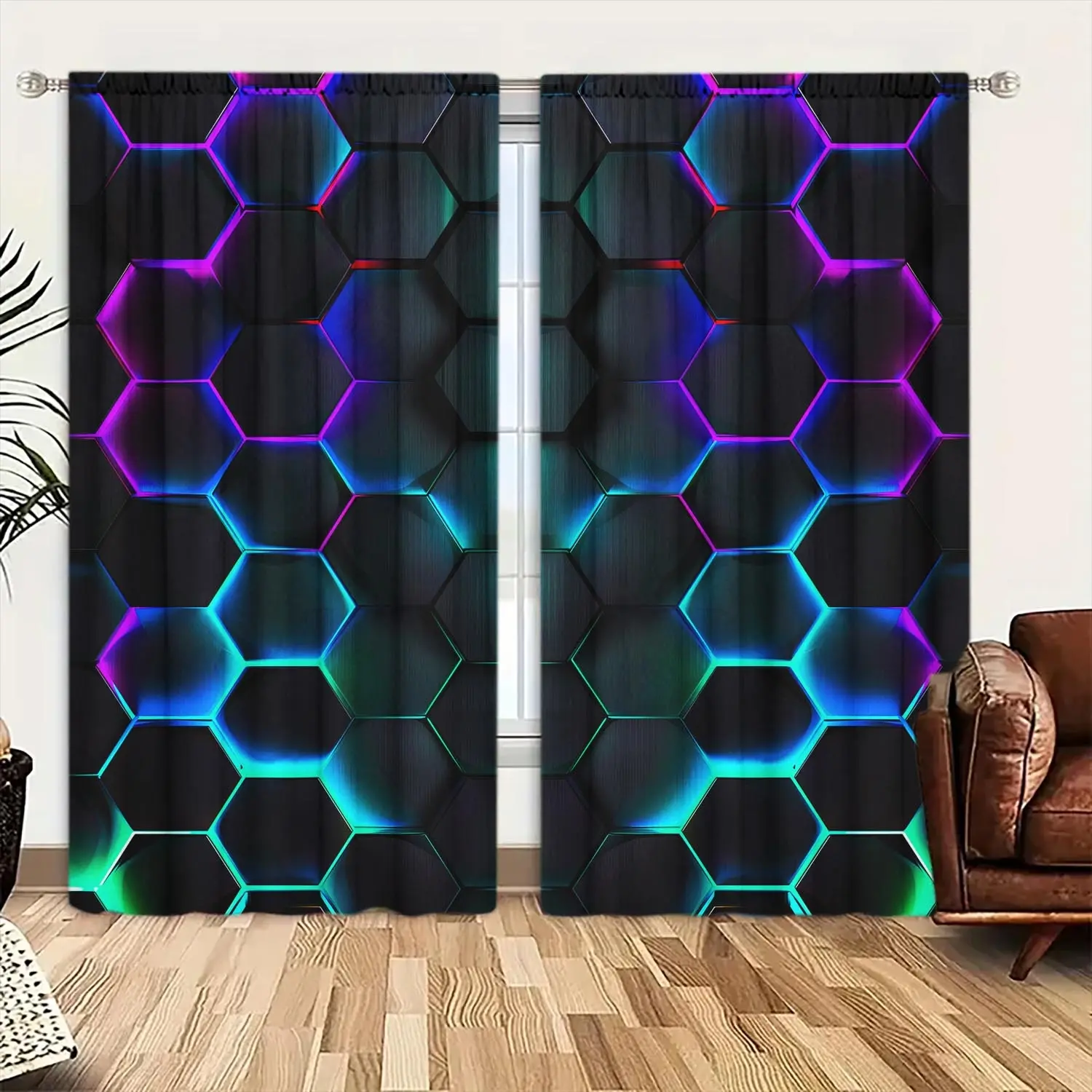 2-Piece HD Digital Print Curtains, 3D Technology Hexagon Pattern, Polyester Half-Transparent Rod Pocket Window Decor, Home Decoration Curtain for Living Room Bedroom Office