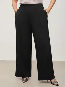 BLOOMCHIC Solid Elastic Waist Pleated Wide Leg Pants Black Basic Bottoms thick thigh pants work outfits women baggy pants wide leg sweatpants