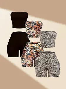 Classic Leopard Print Solid Color Casual Slim Fit Halter Crop Top and Shorts Set, 6 Piece Set, Women's Summer, Fashionable and Comfortable