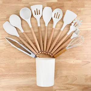Silicone Cooking Utensil Set, 12pcs/set Modern Heat Resistant Sturdy Silicone Kitchenware with Wooden Handle, Home Kitchen Gadgets, Essential Kitchen Tools, Silicone Spatula Set