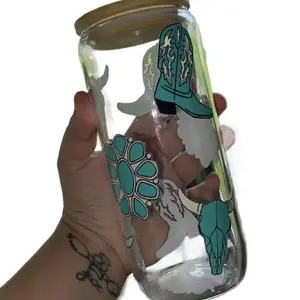 Western Turquoise Tumbler Cup with Your Favorite Decals - Clear Glass Design Featuring Cowboy Theme and Turquoise Accents