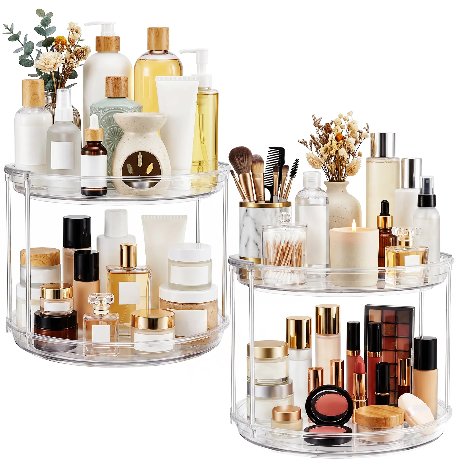 2-Pack Transparent 2-Tier 9-Inch 360° Rotating Organizer, Lazy Susan Turntable for Kitchen/Bath Cabinet, Countertop Space-Saving Storage for Makeup, Skincare, Perfume, Spices