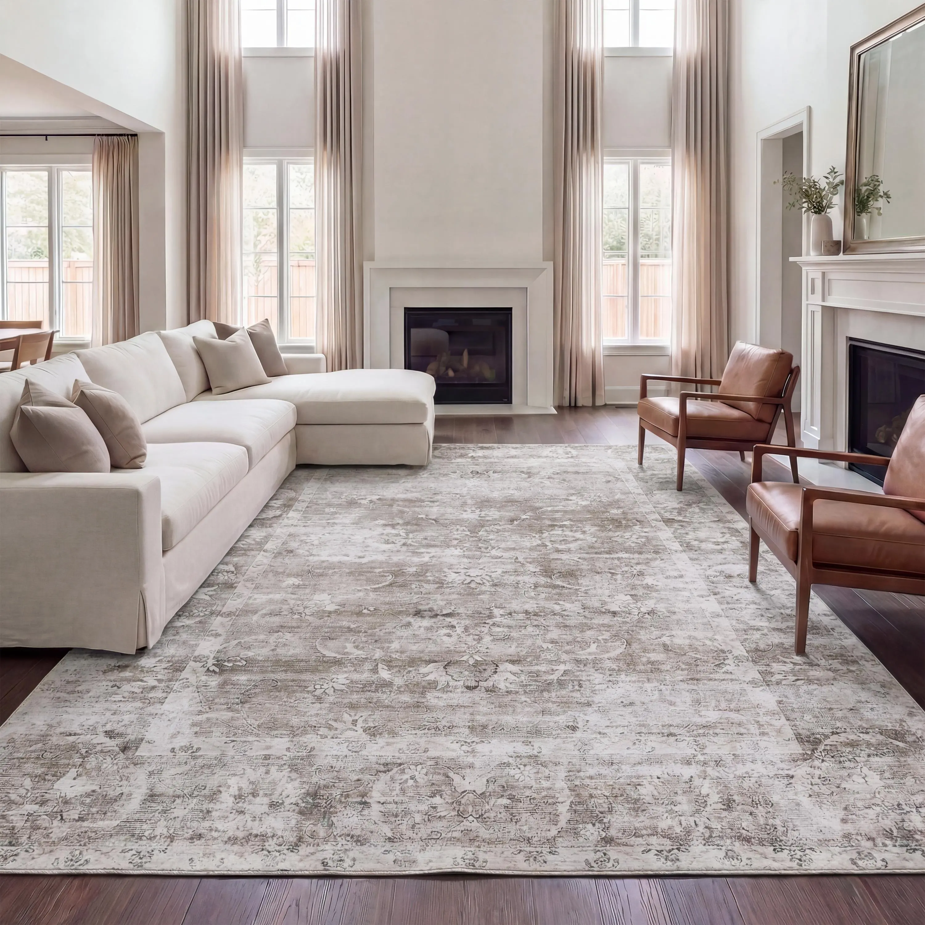 Arabella Vintage Floral Border Machine-washable Area Rug