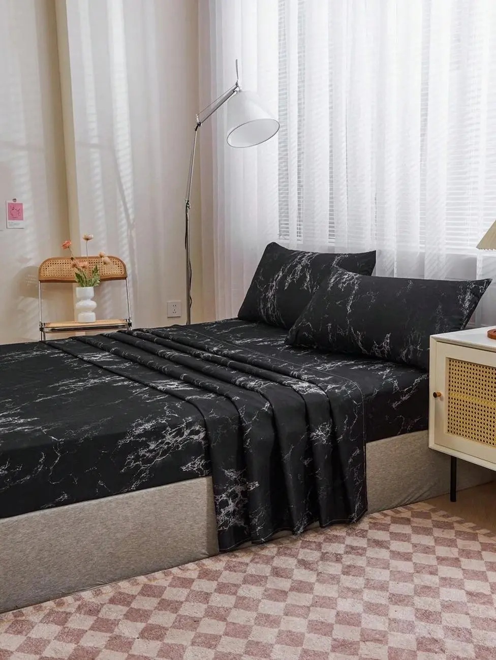 Black Marble Bedding Set, 4PCS Soft Sheets with Fitted Sheet, Flat Sheet & 2 Pillowcases, Deep Pocket Up to 11.8 Inches, Twin Full