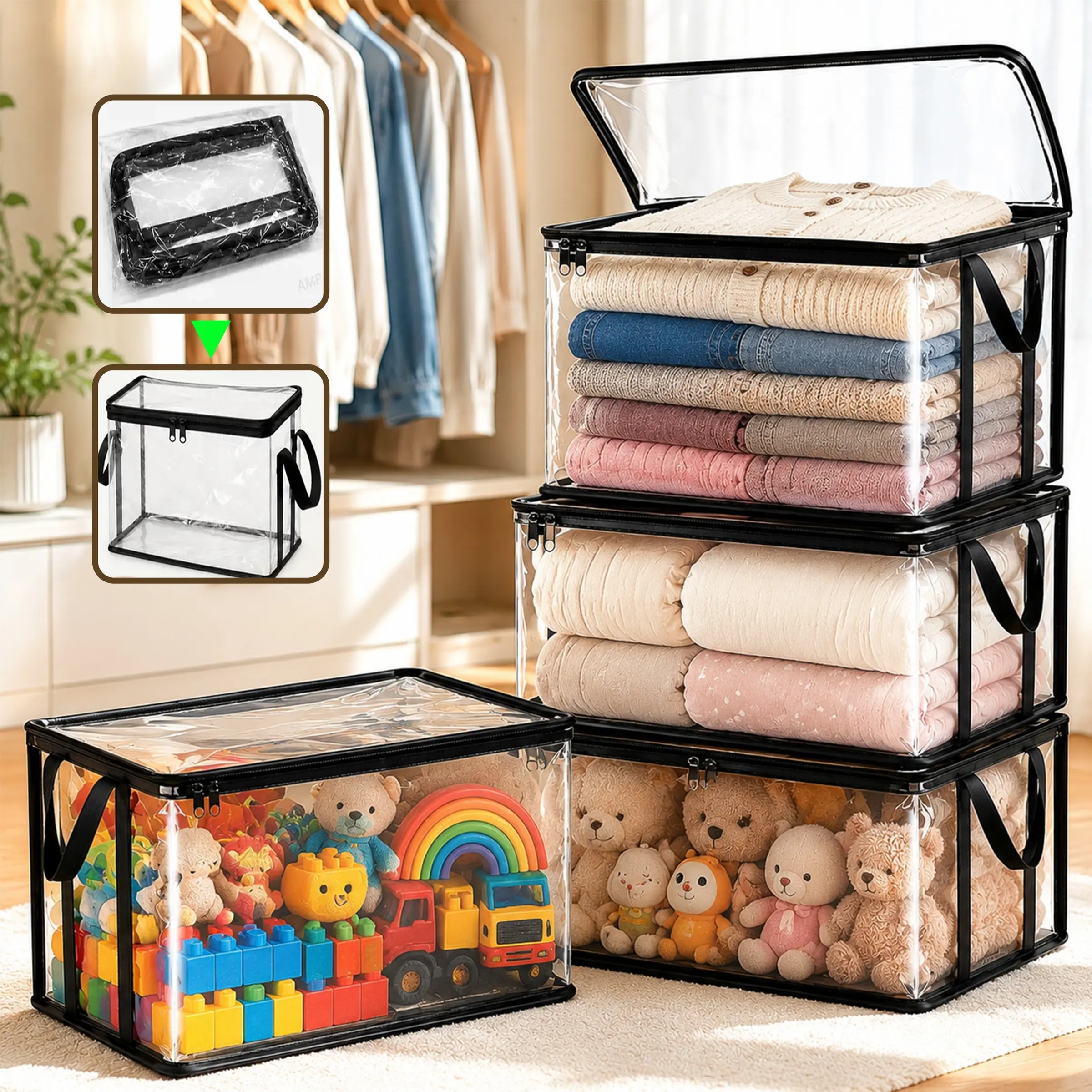 Clear Storage Bag Organizer – Foldable Closet Organizer Bins for Clothes, Blankets & Comforters | Stackable Visible Storage Bin with Reinforced Handles | Space Saving Home Essentials, Sturdy House Organizers.Dormitory storage supplies
