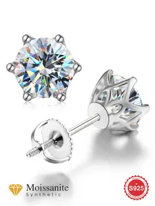 Synthetic Moissanite Stud Earrings, Solitaire Earrings, S925 Sterling Silver Engagement Wedding Earrings, Fine Jewelry for Party Dating Girlfriend Gift, High Quality Earrings