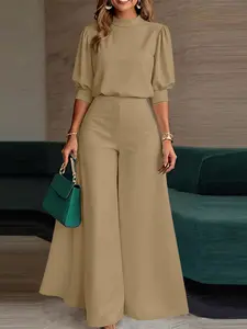 ZANZEA Women's Office Style Elegant Chic Two-Piece Set Suits, Solid Color Stand Collar Seven-Quarter Sleeve Top, Wide Leg Pants with Waistband Elastic, Casual Daily Wear