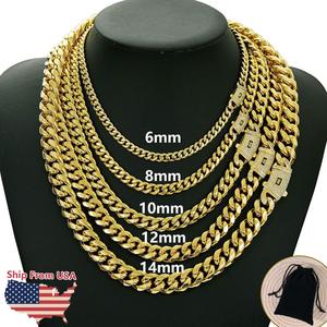 Miami Cuban Link Chain Necklace with CZ Clasp 14 Golden Stainless Steel Iced Out Hip Hop Punk Jewelry for Men/ Women