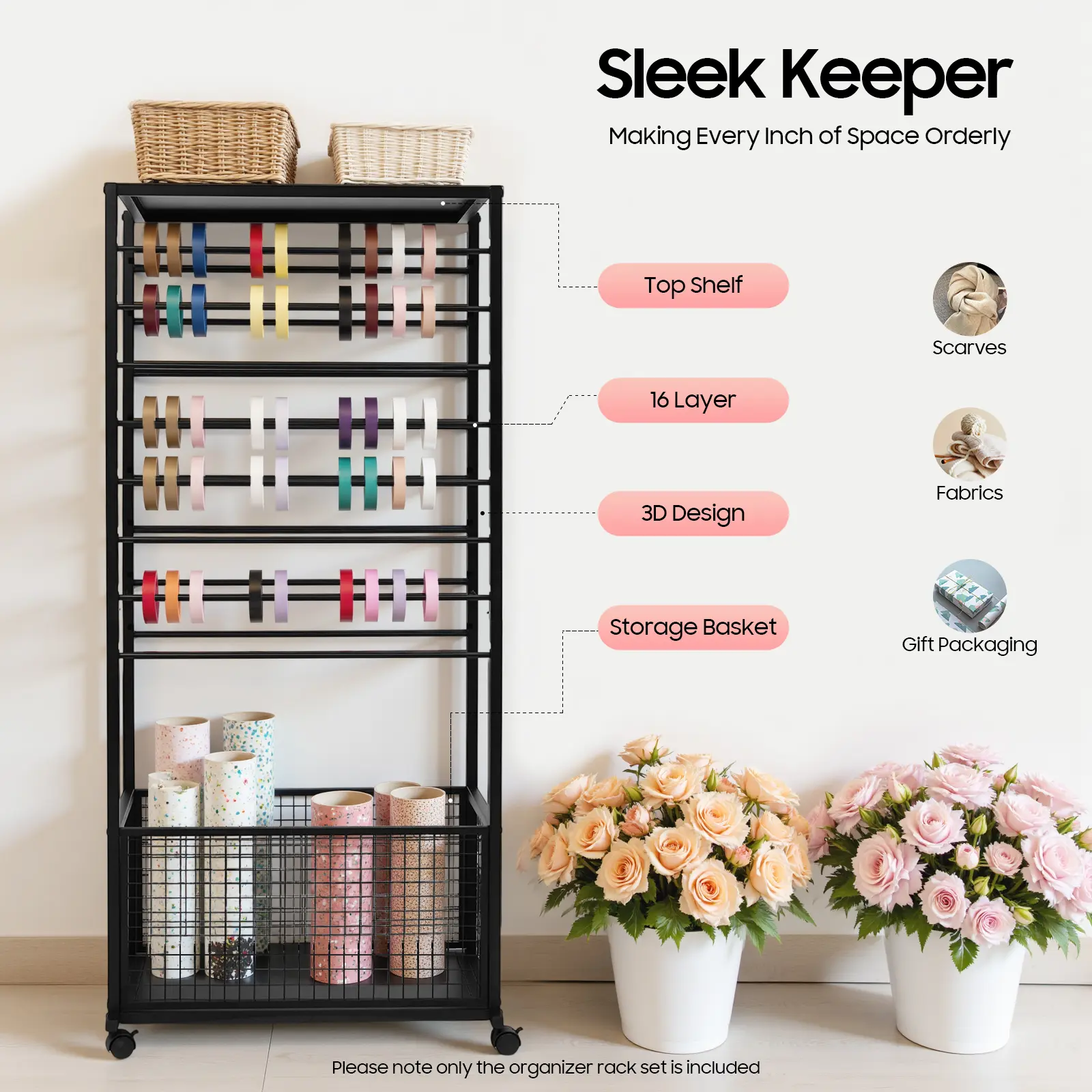 16-Tier Double-Sided Ribbon Organizer - 110.23lbs Load Capacity, Lockable Wheels, Rectangular Rack, Baking Basket, Adjustable Paint Storage Holder for Flower Shops, Craft Rooms