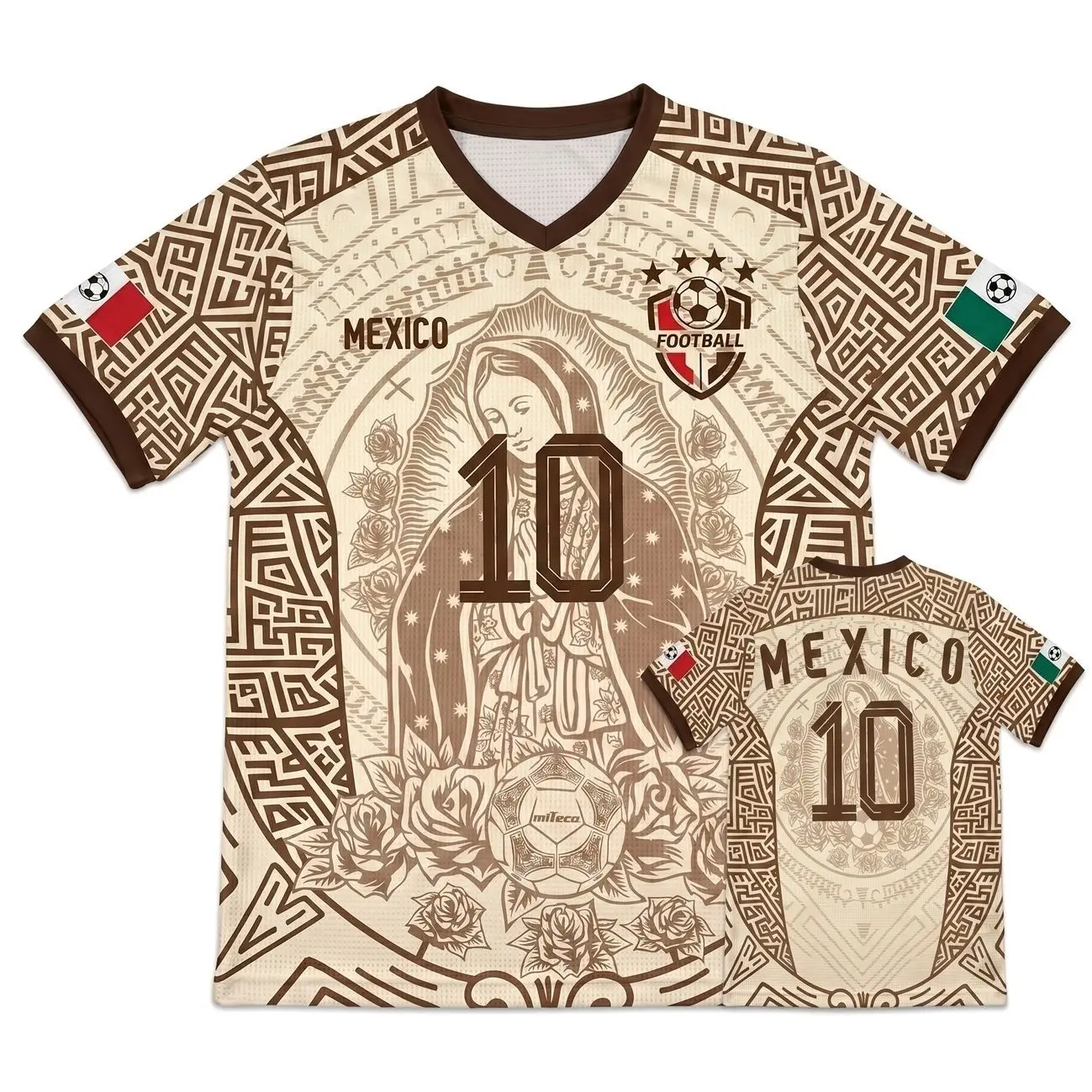 Mexican Heritage Virgin Mary Soccer Jersey #10 | Beige Brown Aztec Pattern Football Shirt Blokecore Streetwear