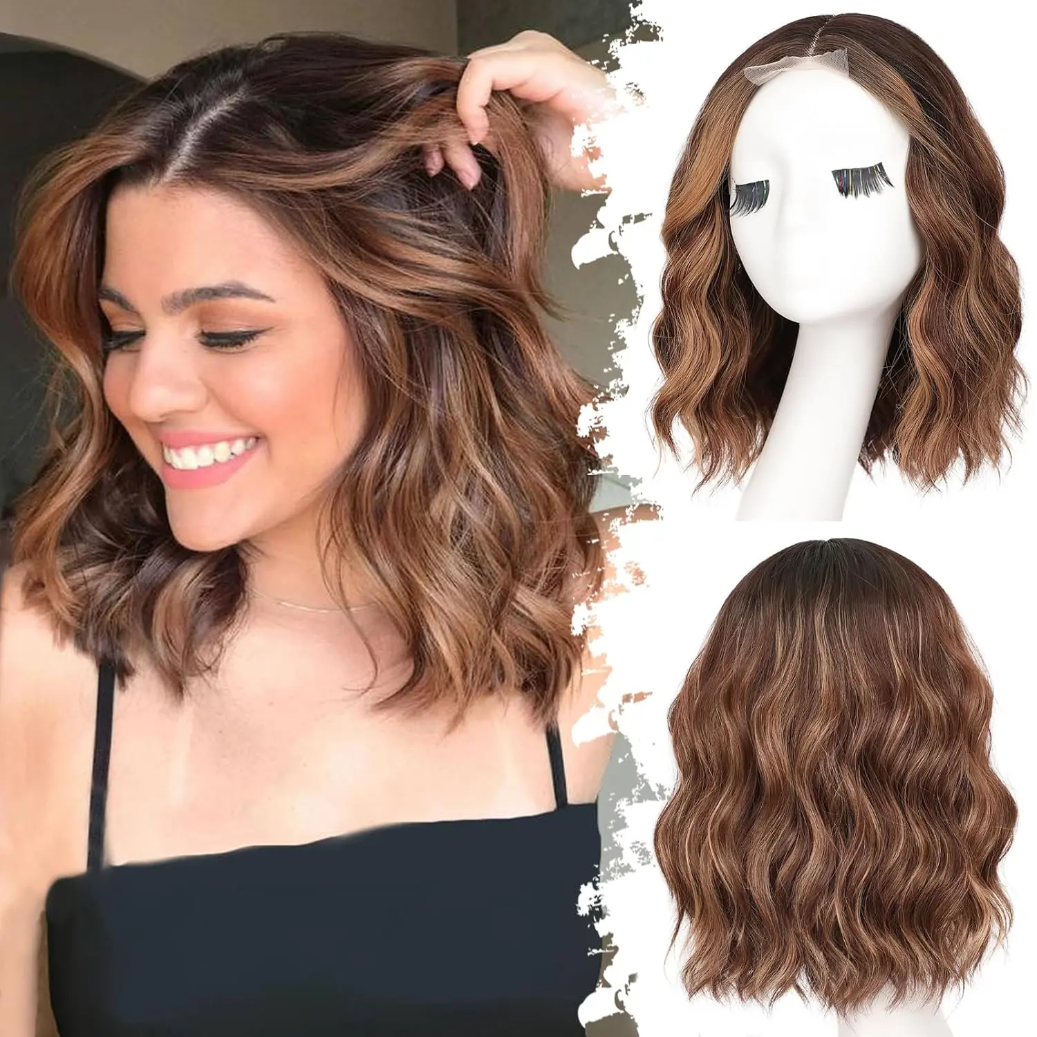 Short Wavy Bob Wig for Women 14 Inch Lace Hairline Wig Natural Appearance Synthetic Heat Resistant for Girl Daily Use