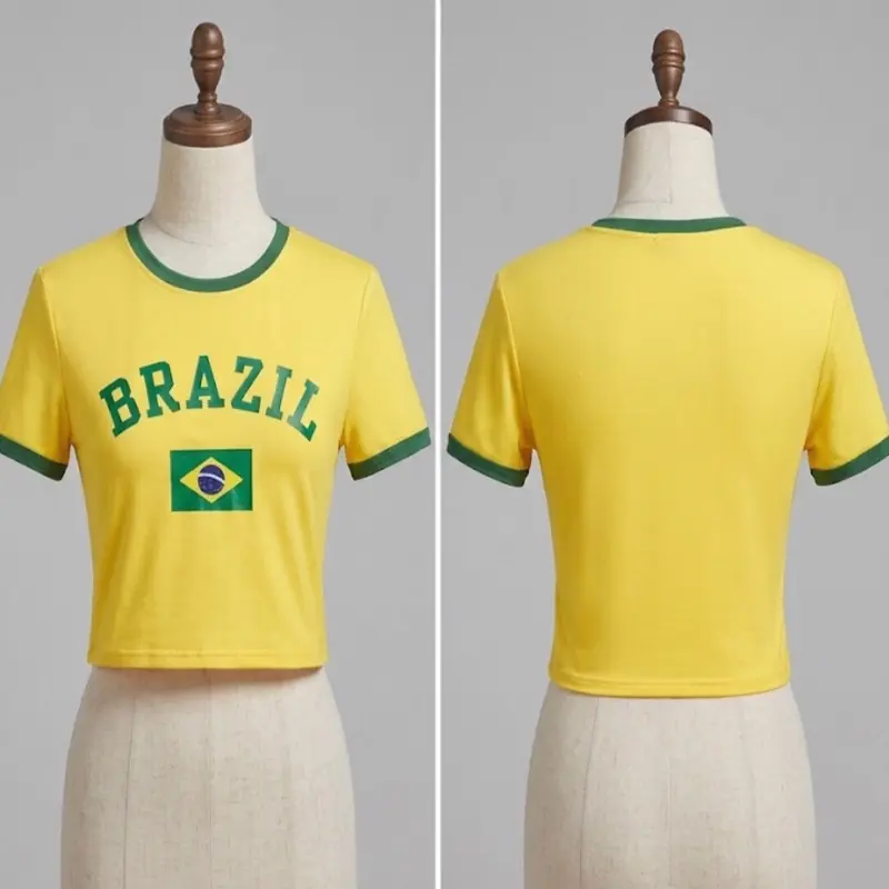 Women's Brazil Crop Top, Womenswear Tshirt with Casual Short Sleeve, Round Neck Design