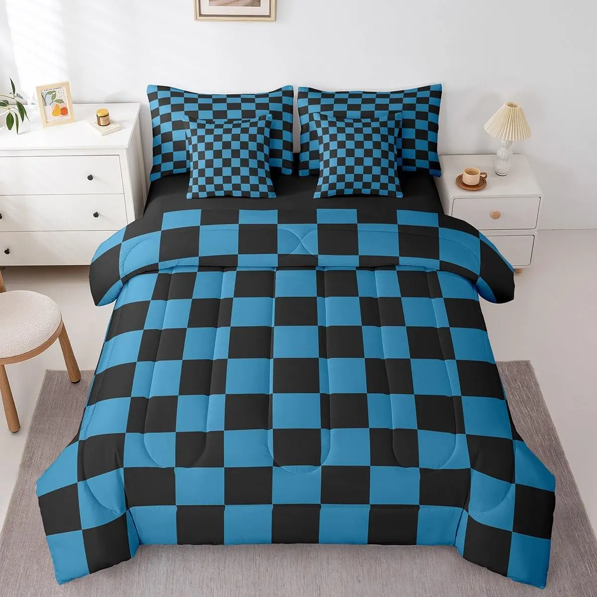 Feelyou Queen 7-Piece Breathable Soft Bedding Set with Bedsheets, Zipper Duvet Cover, Teen Blue-Black Checkered Plaid Comforter, Retro Neutral Geometric Vintage Aesthetic Bed-in-A-Bag, Machine Washable Bedroom Decor