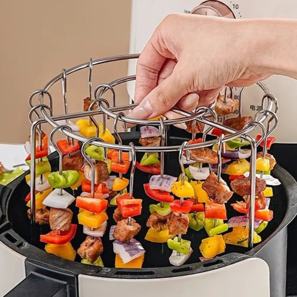 Stainless Steel Vertical Grill Rack + BBQ Skewers Set, Multi-Layer Grilling Rack, Even Heating No Flipping Needed, Kitchen Barbecue Utensils, Bbq Tools