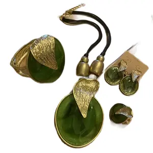 Golden Jade Necklace, Cuff, Earring & Ring Set for Women - Perfect for any Occasion