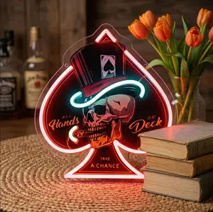 Viral Skull Poker Neon Sign, Cool Wall Decor LED Light, USB Powered Dimmable Adjustable Brightness for Man Cave, Game Room, Bar, Poker Room, Perfect Gift For Poker Lovers & Him