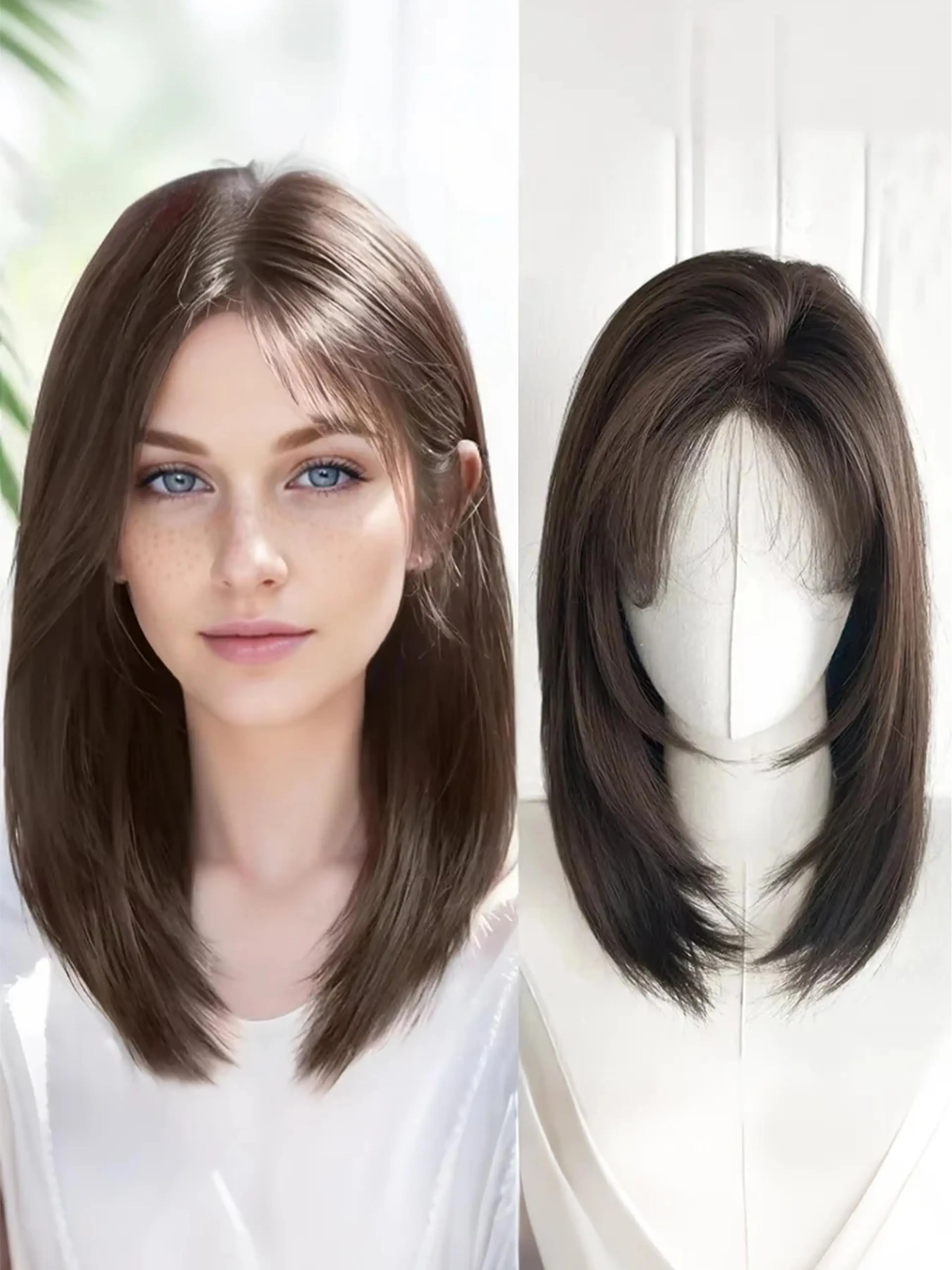 Women's Medium-Length Wig, Front Lace Short Hair, Hair Straight Wig, Heart-Shaped Bangs, Lockbone Realistic Human Hair, Center Part Full Headpiece, Curtain Bang Wig, Middle Part Wig