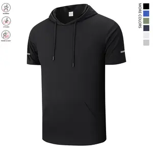 Men’s casual hooded short-sleeve jacket; solid-color men’s sports top; hooded sweatshirt; multifunctional fitness wear; suitable for everyday gym workouts; fashionable summer outerwear with a hood and short sleeves