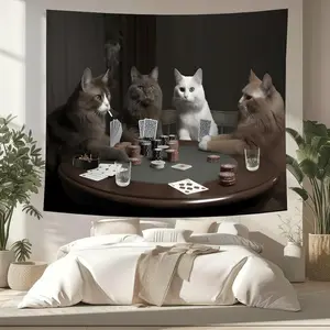 Multicolor Cat Playing Poker Playful Tapestry - 1 Count Casino-Themed Hanging Decoration Tapestries, Home Decor Wall Art Decoration for Living Room, Bedroom