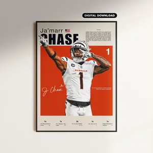 [UNFRAMED] Ja'Marr Chase Football Art, Cincinnati Wide Receiver Poster, Pro Athlete Wall Decor