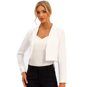 Allegra K Women's Long Sleeve Open Front Notched Lapel Business Cropped Blazers Large White