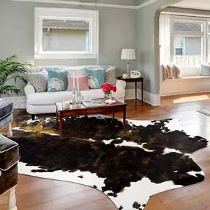 YJ.GWL 1 count Cowhide Rug Large, Cow Print Rug for Living Room Faux Cow Hide Animal Print Carpet for Bedroom Office Table, Black/Brown/Dark Brown/Khaki Brown Jungle Themed Machine Washable