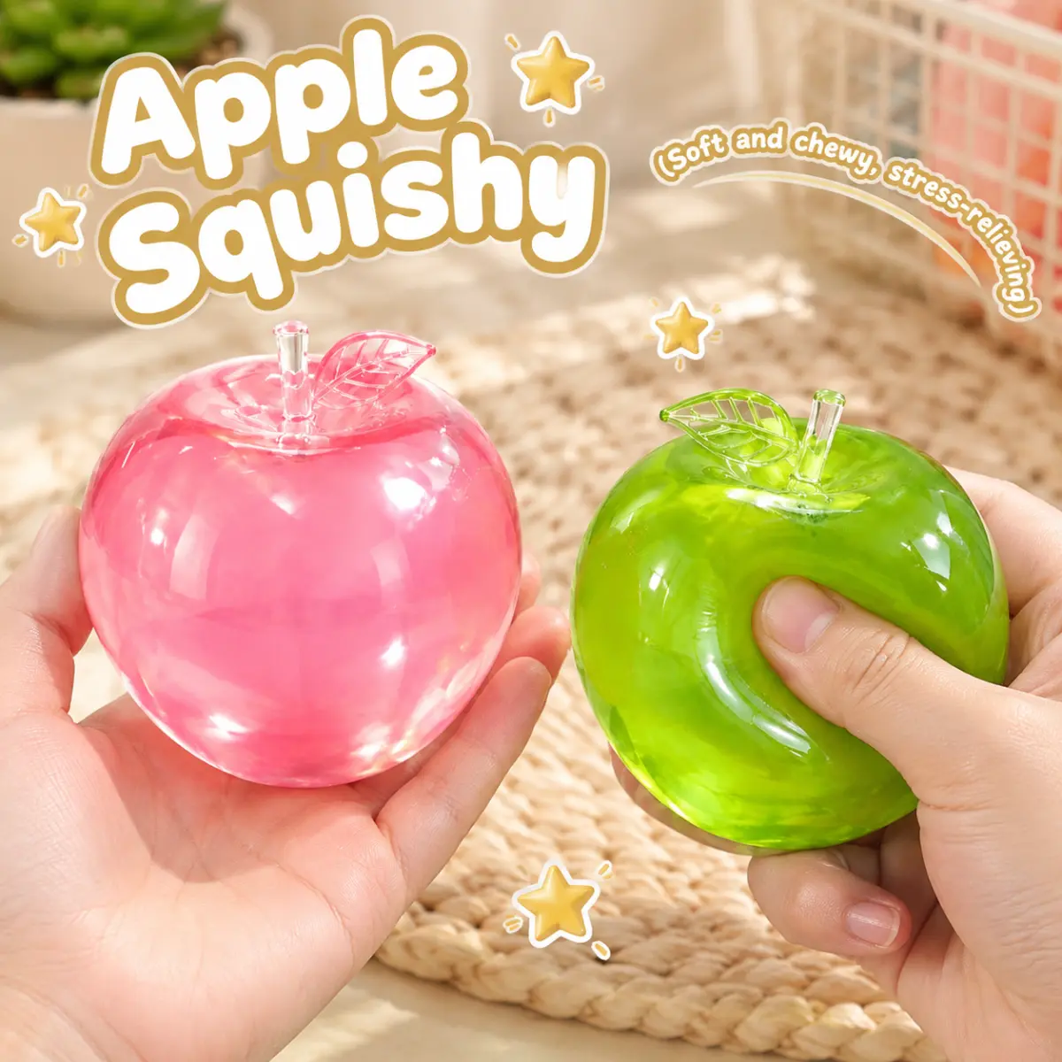 Green Apple Squishy Fidget Toy, Stress Relief Squeeze Toy, Crystal Jelly Fruit Shape Slow Rising Squishies, Sensory Anxiety Relief Toy for Kids Adults Party Favor Gift cube stress-relieving mechanical keyboard entertainment soft gel teen girl relaxation