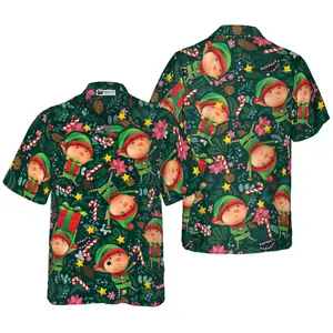 Hyperfavor Christmas Hawaiian Shirts, The Christmas Elf With Dark Green Pattern Shirt Short Sleeve, Christmas Shirt Idea Gift For Men And Women, Short Sleeve Casual Button Down Shirts Summer Beach Shirt, Tropical Floral Shirt