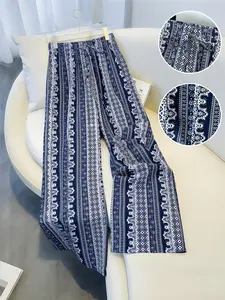 Fashion Boho Bohemian Pattern Wide-Leg Pants Plus Size Casual Drawstring Waist Loose Fit Trousers, Y2K Clothes Summer Vacation Outfits, Trendy Daily Casual Wear, Comfortable Flowy Fit Streetwear Bottoms