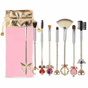 8pcs Sailor Moon Makeup Brush Set With Pouch, Magical Girl Gold Cardcaptor Sakura Cosmetic Brushes With Cute Pink Bag