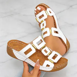 Women's Casual Single Band Peep Toe Silhouette Slides Summer Elevated Comfort Cushion Frame Sandals Metallic Buckle Hardware Slippers Wide Open Toe Footwear for Modern Urban Life