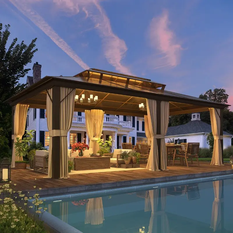 12'x20' Aluminum Frame Pavilion - Hardtop Polycarbonate Double Roof Gazebo with Curtains & Netting for Outdoor Areas