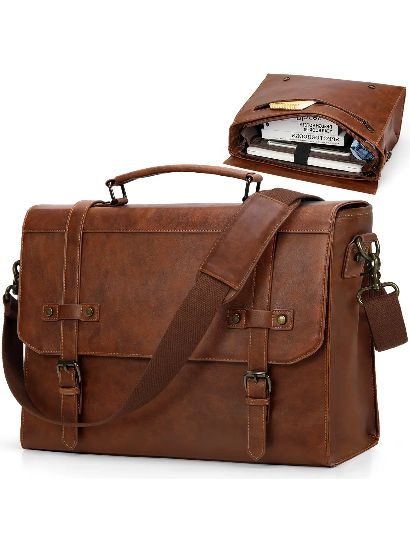 Men's Messenger Bag 17 Inch Waterproof Vintage Leather Laptop Briefcase, Large Capacity Computer Bag, Crossbody Business Travel School Use, Travel Essentials