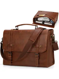 Men's Messenger Bag 17 Inch Waterproof Vintage Leather Laptop Briefcase, Large Capacity Computer Bag, Crossbody Business Travel School Use