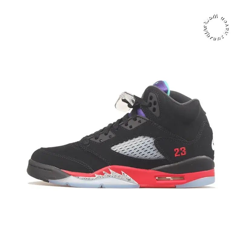 Black Suede High-Top Retro Basketball Shoes with Purple Suede Tongue, Silver Mesh, and Red Flame-Print Midsole
