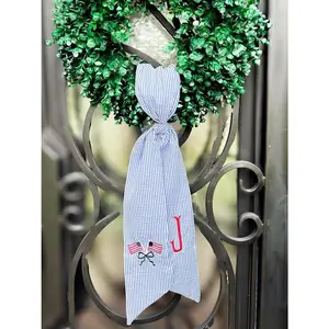 4th of July Wreath Sash – Seersucker Wreath Bow with Red Initial & American Flags | Patriotic Door Decor | Monogrammed Holiday Accent
