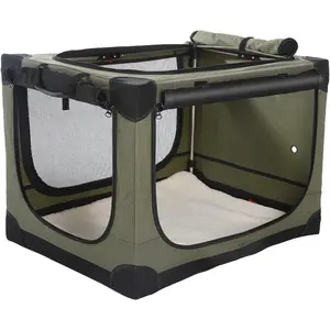 33 x 25 x 25 Inch Collapsible Soft  Crate for Dogs Up to 70 lbs, Portable Travel Pet Kennel with 4 Zip Doors, Foldable Indoor Outdoor Crate with Mat, Carry Bag, Green