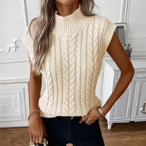 Oatmeal Cable Knit High Neck Sweater Vest