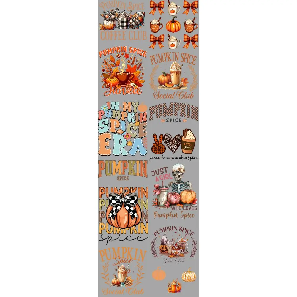 Pumpkin Spice Junkie DTF Transfer Gang Sheet 24.5" wide x 72" long. Direct To Film
