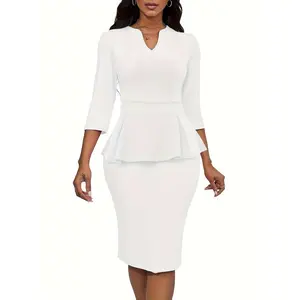 2025 Women's Church Ruffled V-neck 3/4 Sleeve Business Suit Bodycon Pencil Dress Suitable for Office Wear