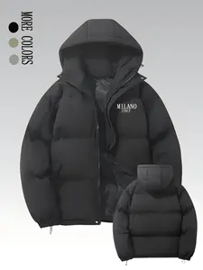 Men's Winter Hooded Cotton Jacket, Windproof Fleece Lined Thick Warm Coat with Print Pattern, Casual Long Sleeve High-Quality Outerwear