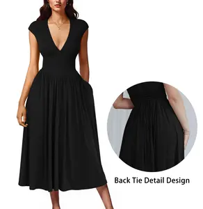 OYS Women's Summer Casual Deep V Neck Cap Sleeve Pleated Swing A Line Midi Dress With Pockets Black Chic OYS Women's Summer Casual Deep V Neck Cap Sleeve Pleated Swing A Line Midi Dress With Pockets Black Chic