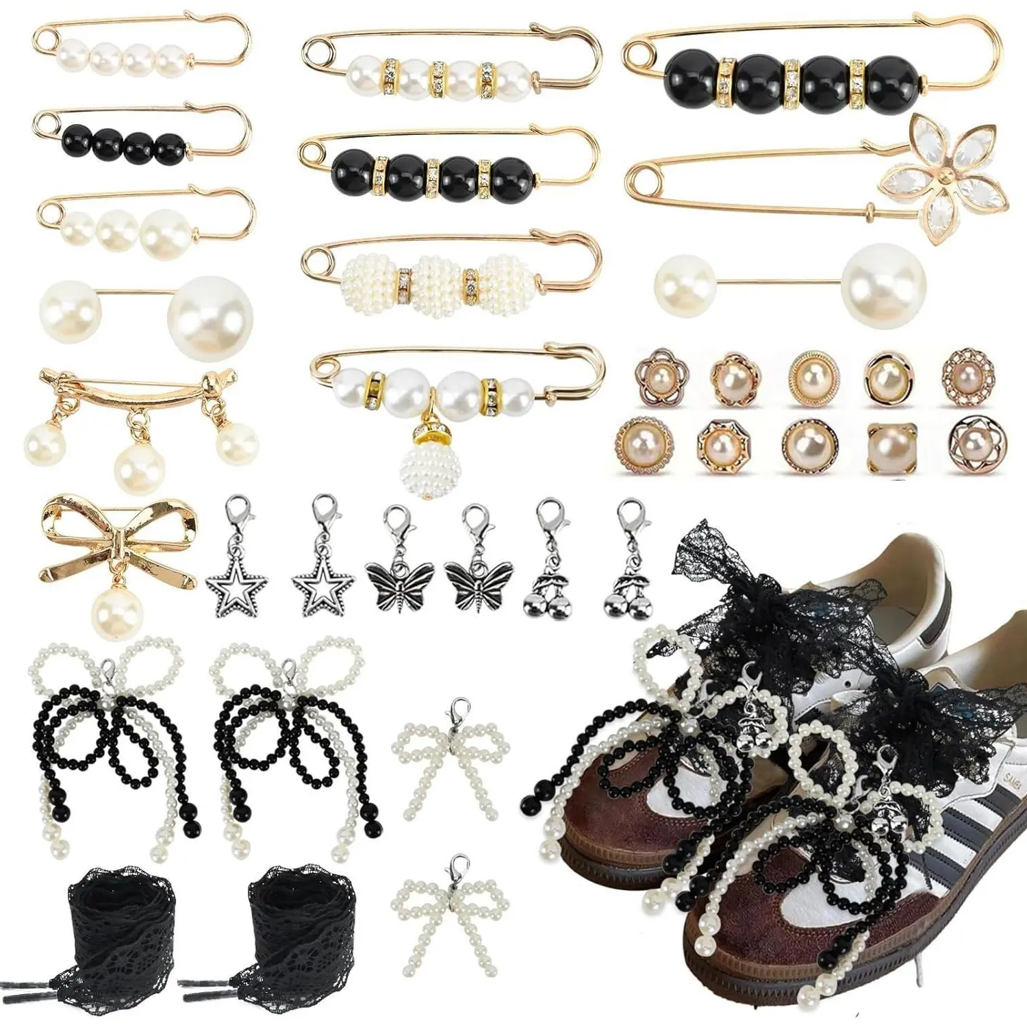 X-BY23 Shoes Charms for Sneakers Socks,35PCS Contain Pearl Lace Bow DIY Decorations Charms Kit Clothes Junk Socks Charms Pins Shoe Decoration Charms for Women Footwear Bedroom White