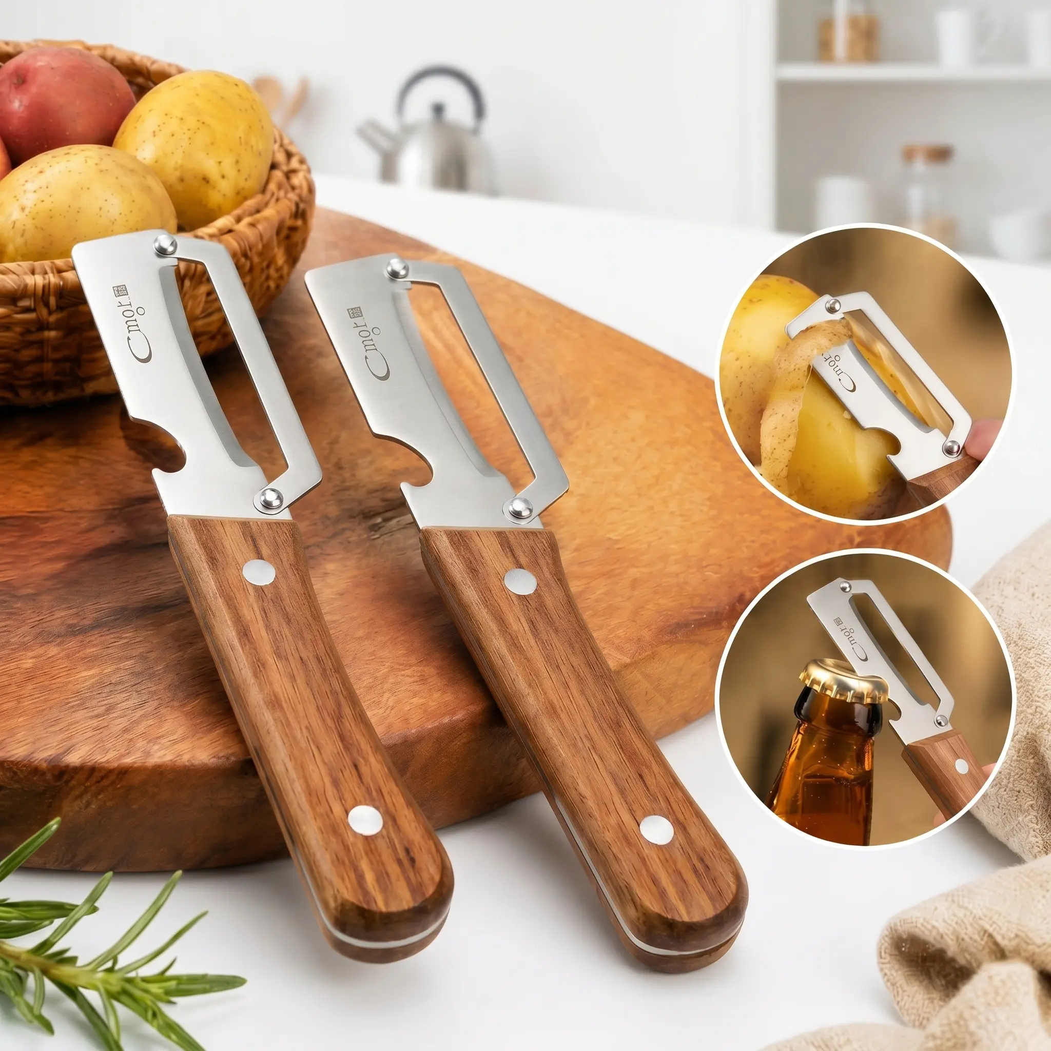 2PCS Premium Heavy Duty Vegetable Peeler Set, Extra Thick Stainless Steel Blade, Wooden Handle with Bottle Opener, Fast Peeler for Potatoes, Apples, Fruits & Vegetables